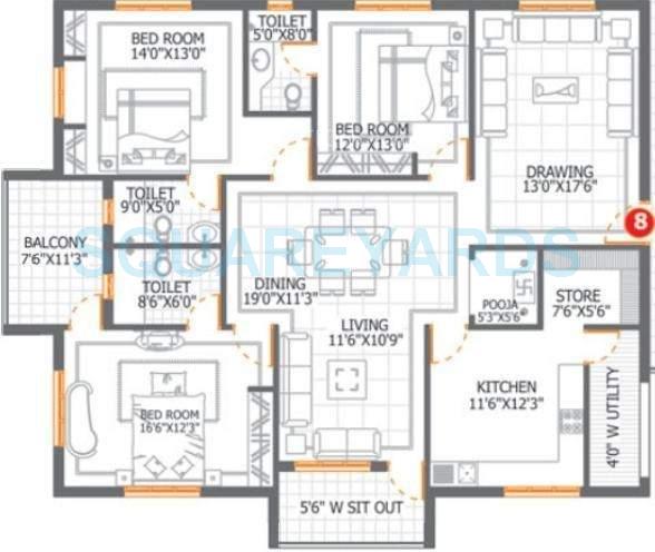 Floor plan of 3 BHK 2385 Sq. Ft. Apartment in DSR Lake Side, Hyderabad