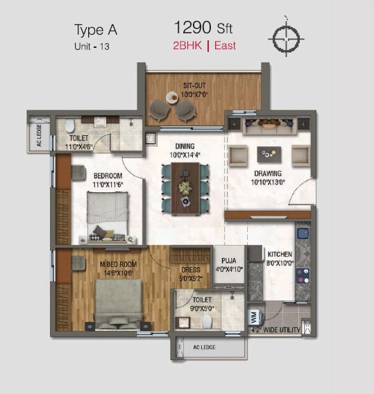 Floor plan of 2 BHK 1290 Sq. Ft. Apartment in DSR Park Ridge, Hyderabad