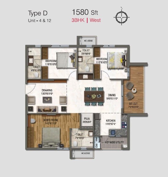 Floor plan of 3 BHK 1580 Sq. Ft. Apartment in DSR Park Ridge, Hyderabad