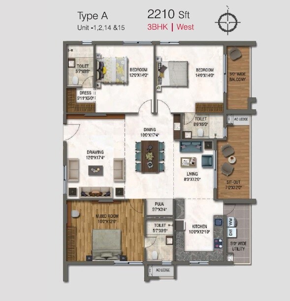 Floor plan of 3 BHK 2210 Sq. Ft. Apartment in DSR Park Ridge, Hyderabad