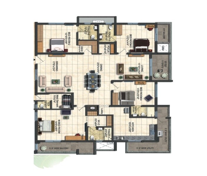 Floor plan of 4 BHK 3000 Sq. Ft. Apartment in DSR Reganti, Hyderabad