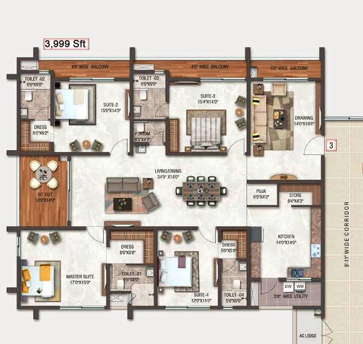 Floor plan of 4 BHK 3999 Sq. Ft. Apartment in DSR Sky Marq, Hyderabad