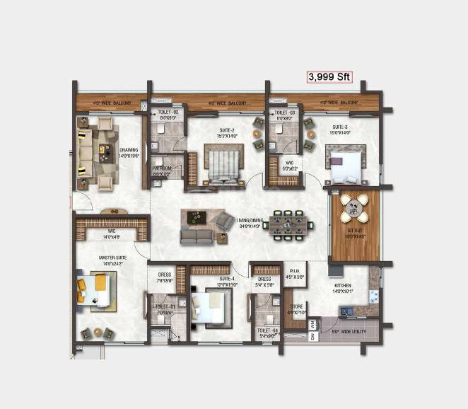 Floor plan of 4 BHK 3999 Sq. Ft. Apartment in DSR Skymarq, Hyderabad
