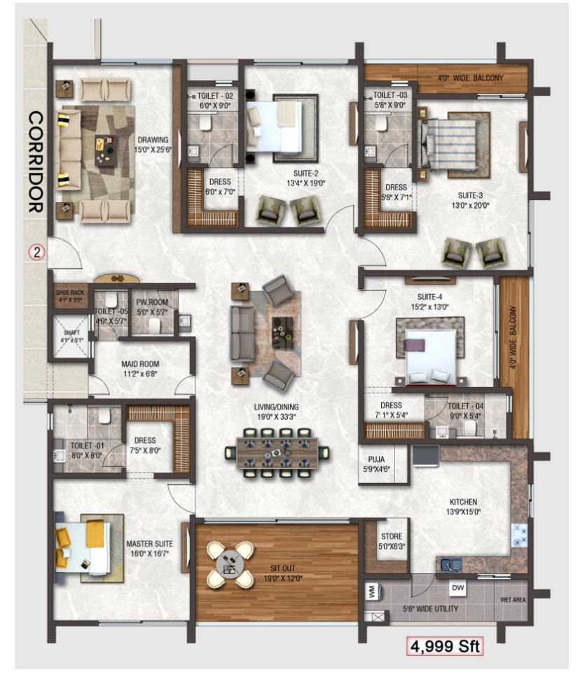 Floor plan of 4 BHK 4999 Sq. Ft. Apartment in DSR Skymarq, Hyderabad