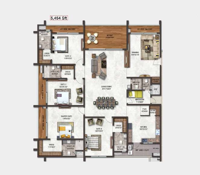 Floor plan of 4 BHK 5454 Sq. Ft. Apartment in DSR Skymarq, Hyderabad
