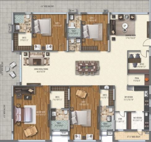 Floor plan of 4 BHK 4222 Sq. Ft. Apartment in DSR SSC GVK Skycity, Hyderabad