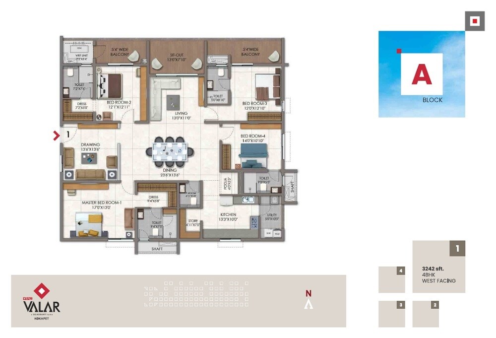 Floor plan of 4 BHK 3242 Sq. Ft. Apartment in DSR Valar, Hyderabad