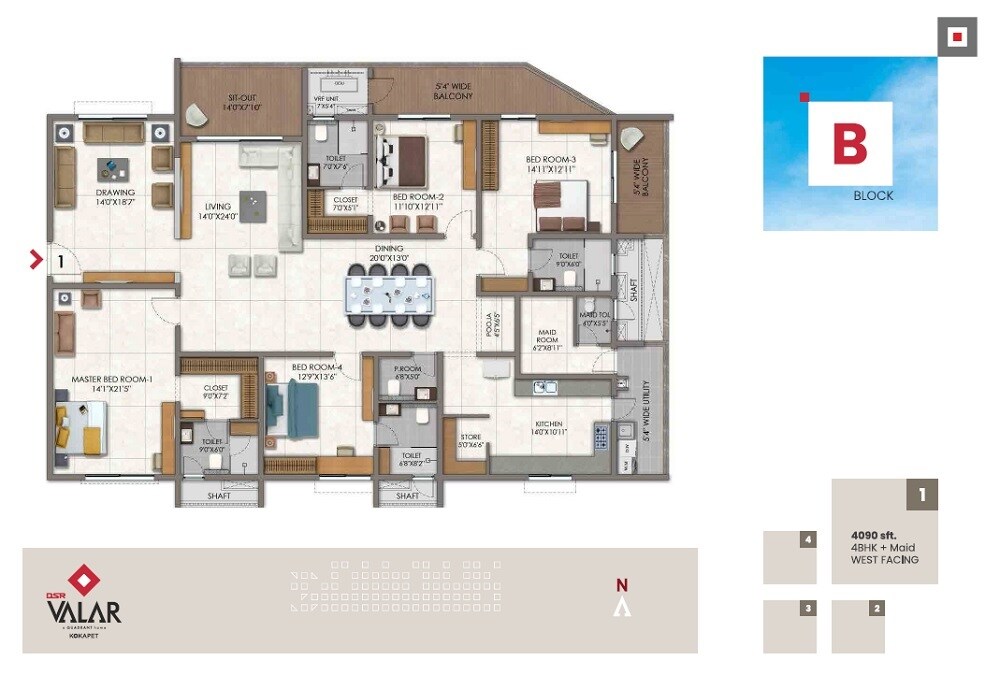 Floor plan of 4 BHK 4090 Sq. Ft. Apartment in DSR Valar, Hyderabad