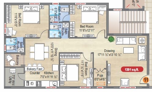 Floor plan of 3 BHK 1391 Sq. Ft. Apartment in Dukes Legend Stellar, Hyderabad