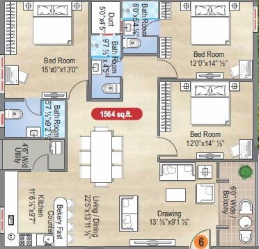 Floor plan of 3 BHK 1564 Sq. Ft. Apartment in Dukes Legend Stellar, Hyderabad