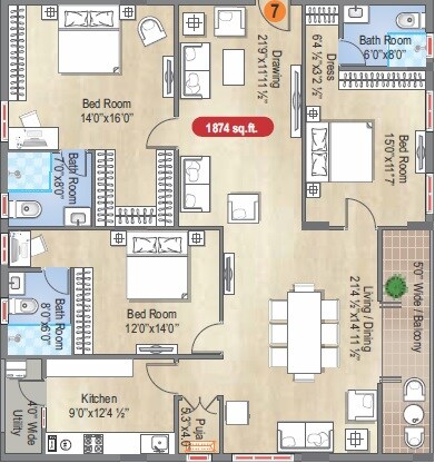 Floor plan of 3 BHK 1874 Sq. Ft. Apartment in Dukes Legend Stellar, Hyderabad