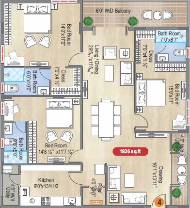 Floor plan of 3 BHK 1936 Sq. Ft. Apartment in Dukes Legend Stellar, Hyderabad