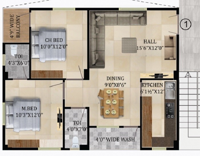 Floor plan of 2 BHK 1045 Sq. Ft. Apartment in Durga Silver Springs, Hyderabad