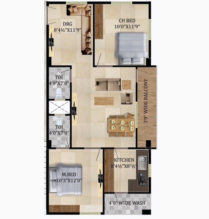 Floor plan of 2 BHK 1065 Sq. Ft. Apartment in Durga Silver Springs, Hyderabad