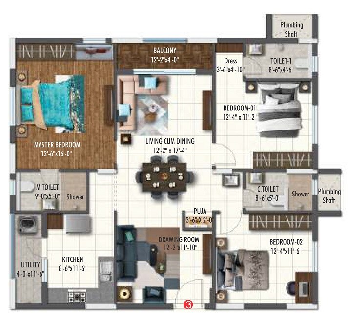 3 BHK 1695 Sq. Ft. Apartment