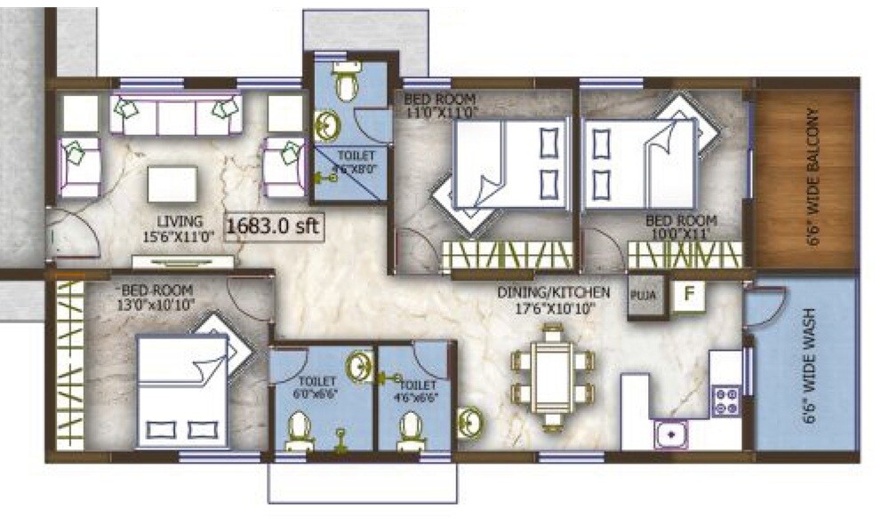 Floor plan of 3 BHK 1683 Sq. Ft. Apartment in EAPL Sri Tirumala Fortune, Hyderabad