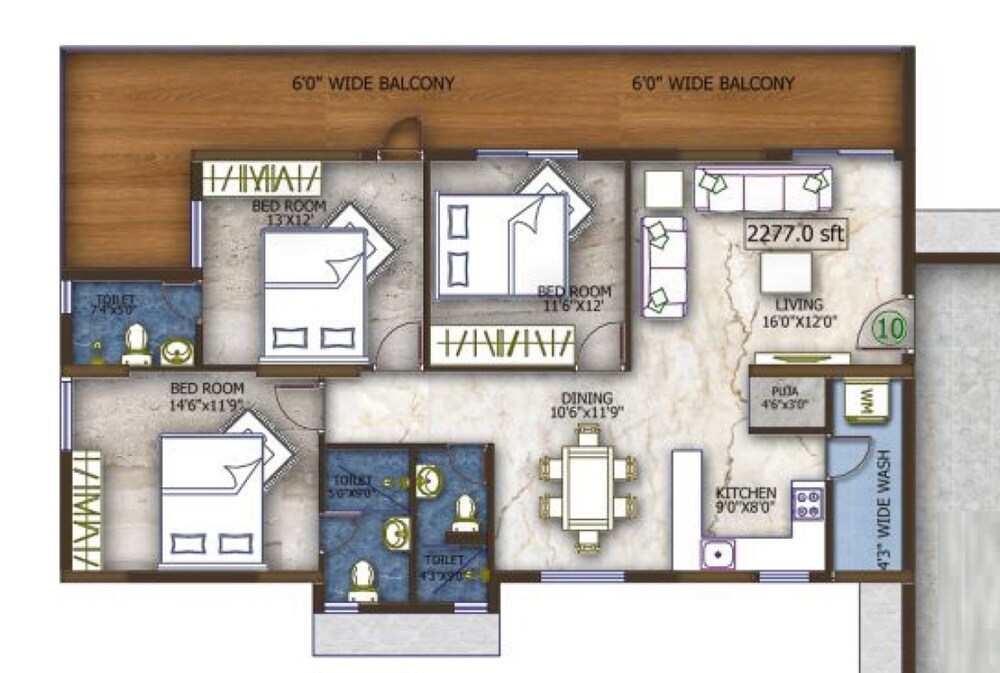 Floor plan of 3 BHK 2277 Sq. Ft. Apartment in EAPL Sri Tirumala Fortune, Hyderabad