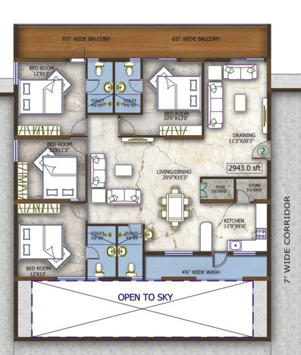 Floor plan of 4 BHK 2943 Sq. Ft. Apartment in EAPL Sri Tirumala Fortune, Hyderabad