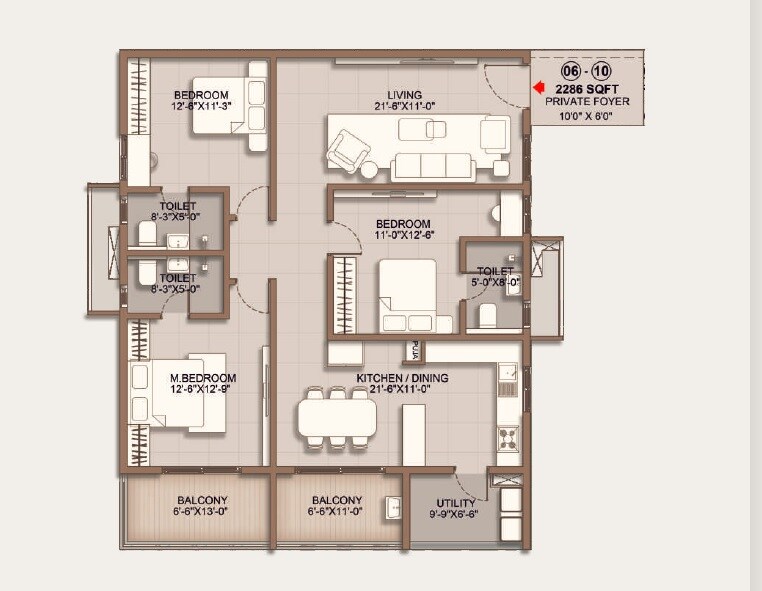 Floor plan of 3 BHK 2286 Sq. Ft. Apartment in EAPL Sri Tirumala Legacy, Hyderabad