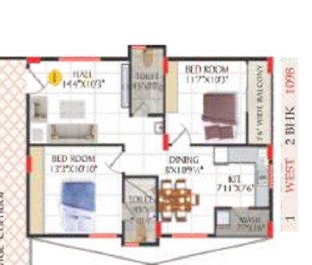 Floor plan of 2 BHK 1089 Sq. Ft. Apartment in EAPL Sri Tirumala Millennium, Hyderabad