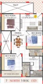Floor plan of 3 BHK 1323 Sq. Ft. Apartment in EAPL Sri Tirumala Millennium, Hyderabad