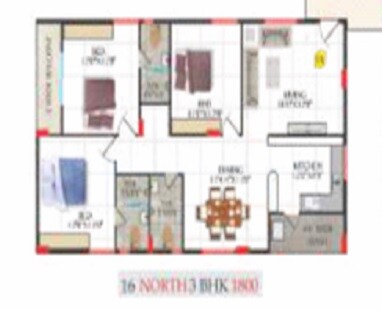 Floor plan of 3 BHK 1800 Sq. Ft. Apartment in EAPL Sri Tirumala Millennium, Hyderabad