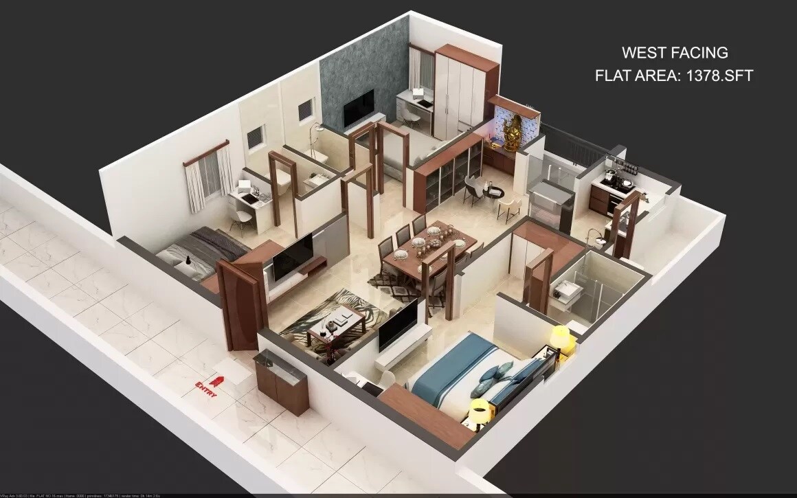 Floor plan of 3 BHK 1378 Sq. Ft. Apartment in Eco Casa Traimbak, Hyderabad
