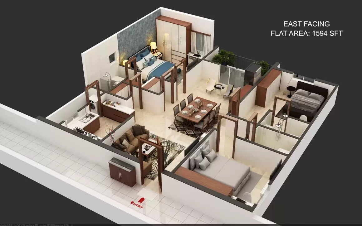 Floor plan of 3 BHK 1594 Sq. Ft. Apartment in Eco Casa Traimbak, Hyderabad