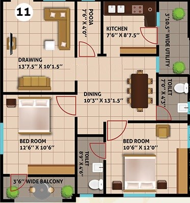 Floor plan of 2 BHK 1117 Sq. Ft. Apartment in Eco Casa Ujjain, Hyderabad