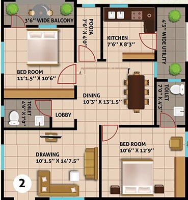 Floor plan of 2 BHK 1315 Sq. Ft. Apartment in Eco Casa Ujjain, Hyderabad