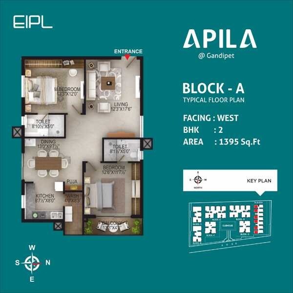 Floor plan of 2 BHK 1395 Sq. Ft. Apartment in EIPL Apila, Hyderabad
