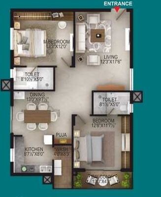 Floor plan of 2 BHK 1410 Sq. Ft. Apartment in EIPL Apila, Hyderabad