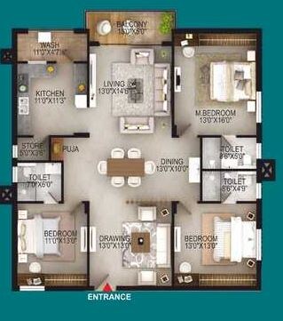 Floor plan of 3 BHK 2240 Sq. Ft. Apartment in EIPL Apila, Hyderabad