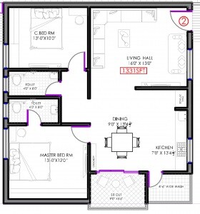 Floor plan of 2 BHK 1331 Sq. Ft. Apartment in EIPL Aryamitra Alpine, Hyderabad