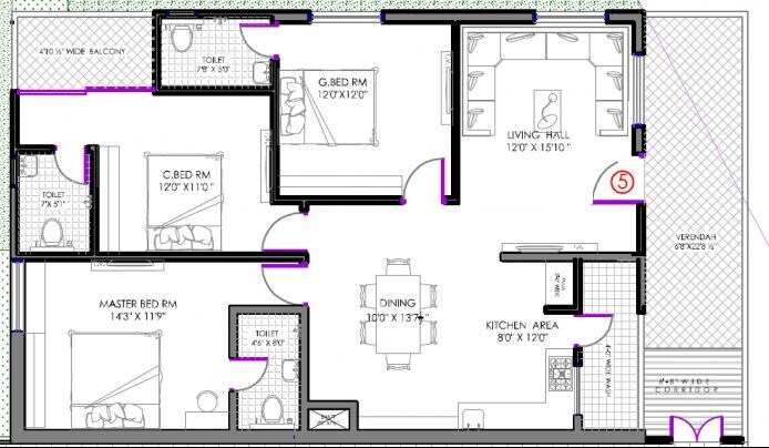 Floor plan of 3 BHK 1876 Sq. Ft. Apartment in EIPL Aryamitra Alpine, Hyderabad