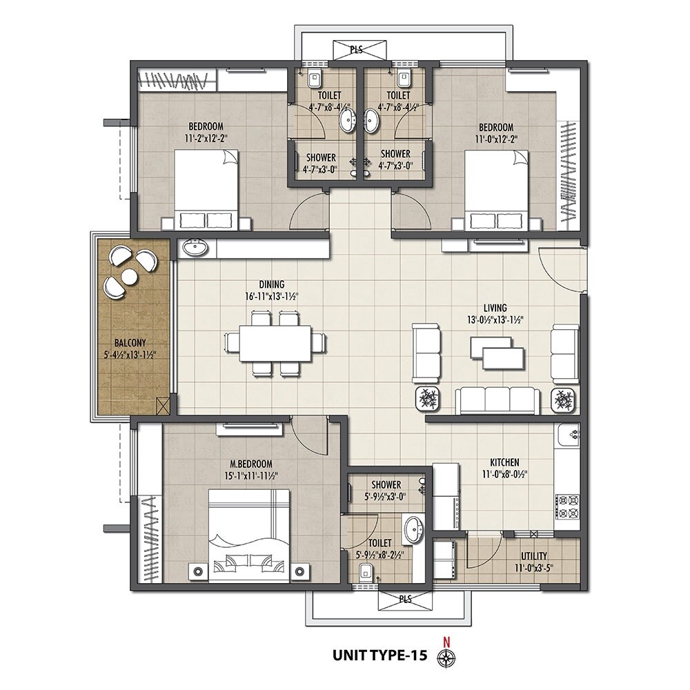 Floor plan of 3 BHK 1610 Sq. Ft. Apartment in EIPL Corner Stone, Hyderabad