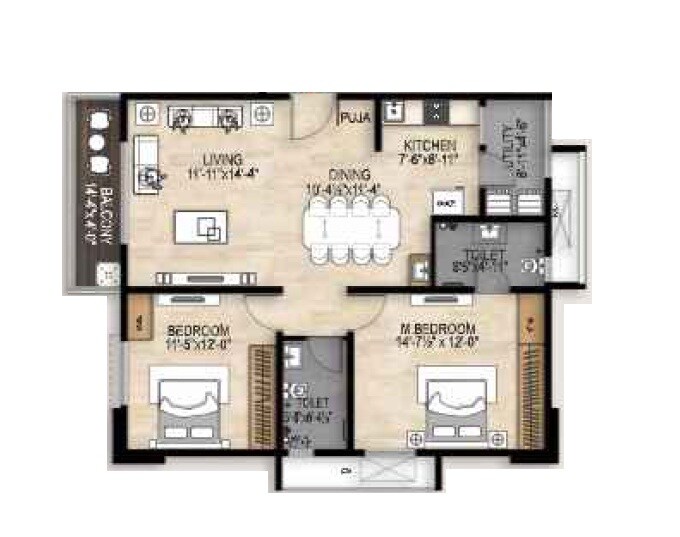 Floor plan of 2 BHK 1280 Sq. Ft. Apartment in EIPL The Tamarind, Hyderabad