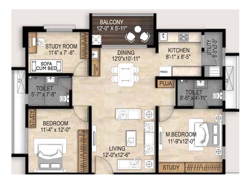 Floor plan of 2 BHK 1370 Sq. Ft. Apartment in EIPL The Tamarind, Hyderabad