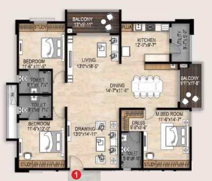 Floor plan of 3 BHK 2215 Sq. Ft. Apartment in EIPL The Tamarind, Hyderabad