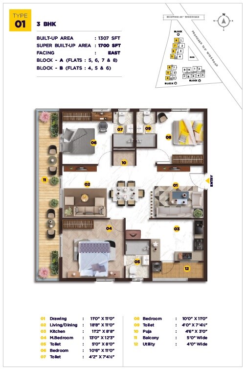 Floor plan of 3 BHK 1700 Sq. Ft. Apartment in Elegant Nivasa, Hyderabad
