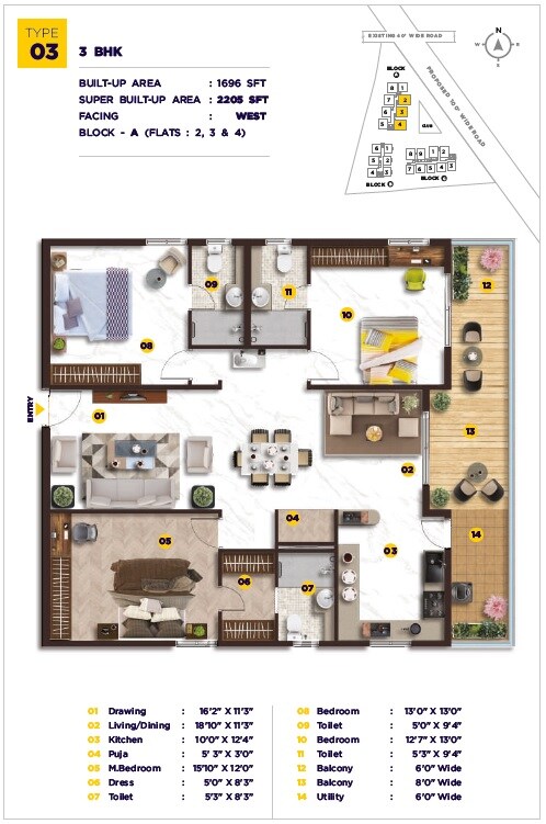 Floor plan of 3 BHK 2205 Sq. Ft. Apartment in Elegant Nivasa, Hyderabad