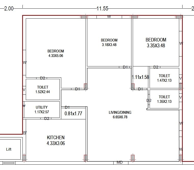 Floor plan of 3 BHK 1695 Sq. Ft. Apartment in Elite Arunachalam Residency, Hyderabad