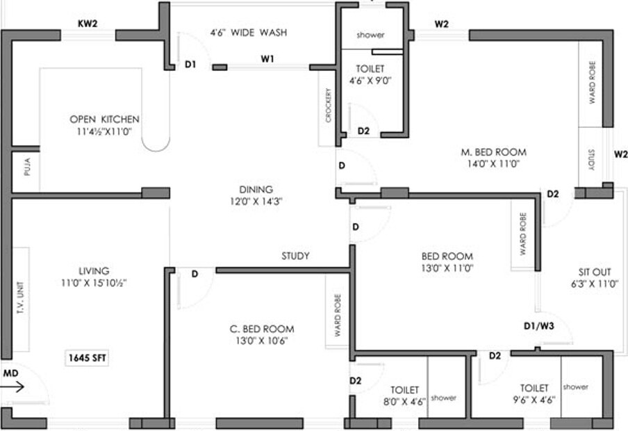 Floor plan of 3 BHK 1645 Sq. Ft. Apartment in Elite Blossom Heights, Hyderabad
