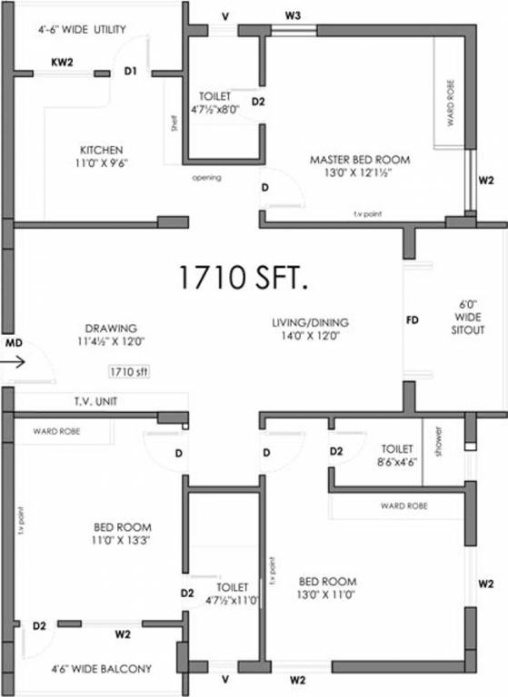 Floor plan of 3 BHK 1710 Sq. Ft. Apartment in Elite Blossom Heights, Hyderabad