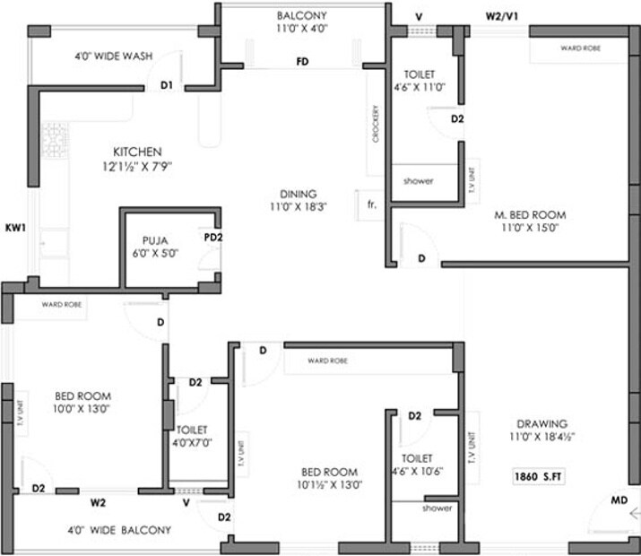 Floor plan of 3 BHK 1860 Sq. Ft. Apartment in Elite Blossom Heights, Hyderabad