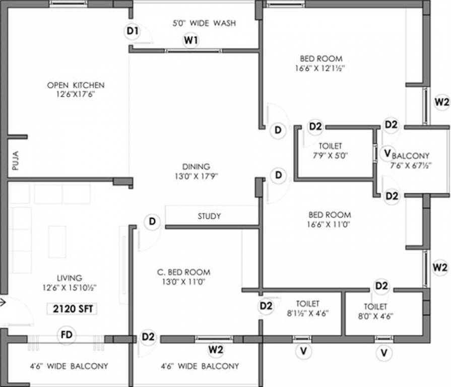 Floor plan of 3 BHK 2120 Sq. Ft. Apartment in Elite Blossom Heights, Hyderabad