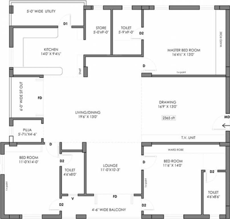 Floor plan of 3 BHK 2365 Sq. Ft. Apartment in Elite Blossom Heights, Hyderabad