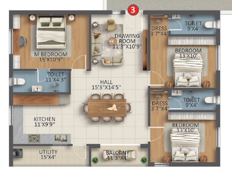 3 BHK 1600 Sq. Ft. Apartment