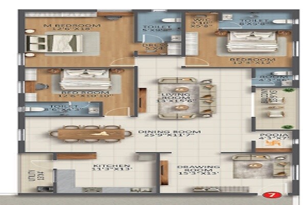 Floor plan of 3 BHK 2435 Sq. Ft. Apartment in Elite Yashodas Gokulam, Hyderabad