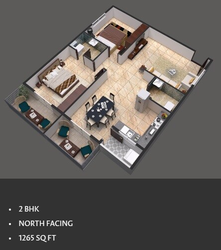 Floor plan of 2 BHK 1265 Sq. Ft. Apartment in ELV 55 EastFort, Hyderabad